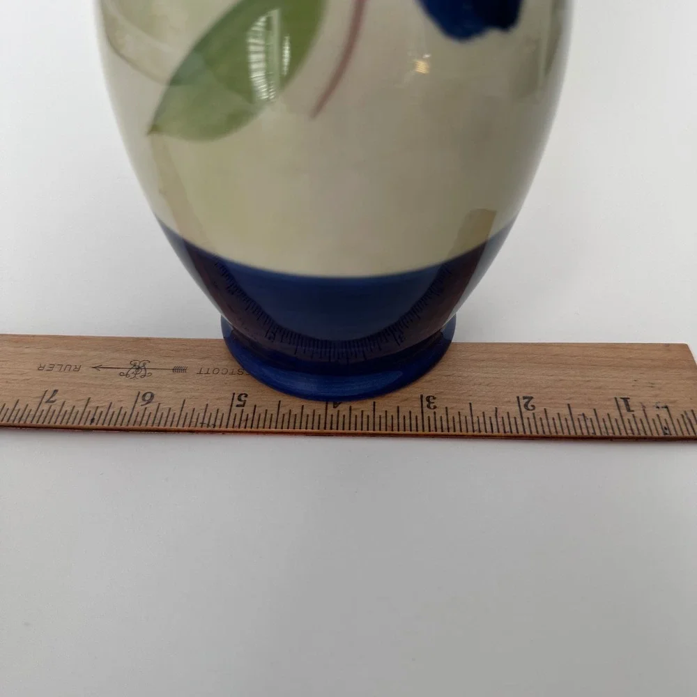 Ceramica AM Italy Hand Decorated Olive Branch Ceramic Vase Blue Cream 10 Inch